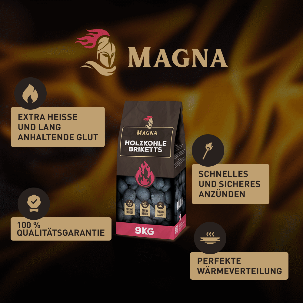 Magna Holzkohlebriketts – extra heiß, lang anhaltende Glut, schnelle und sichere Entzündung, 100 % Qualitätsgarantie, perfekte Wärmeverteilung