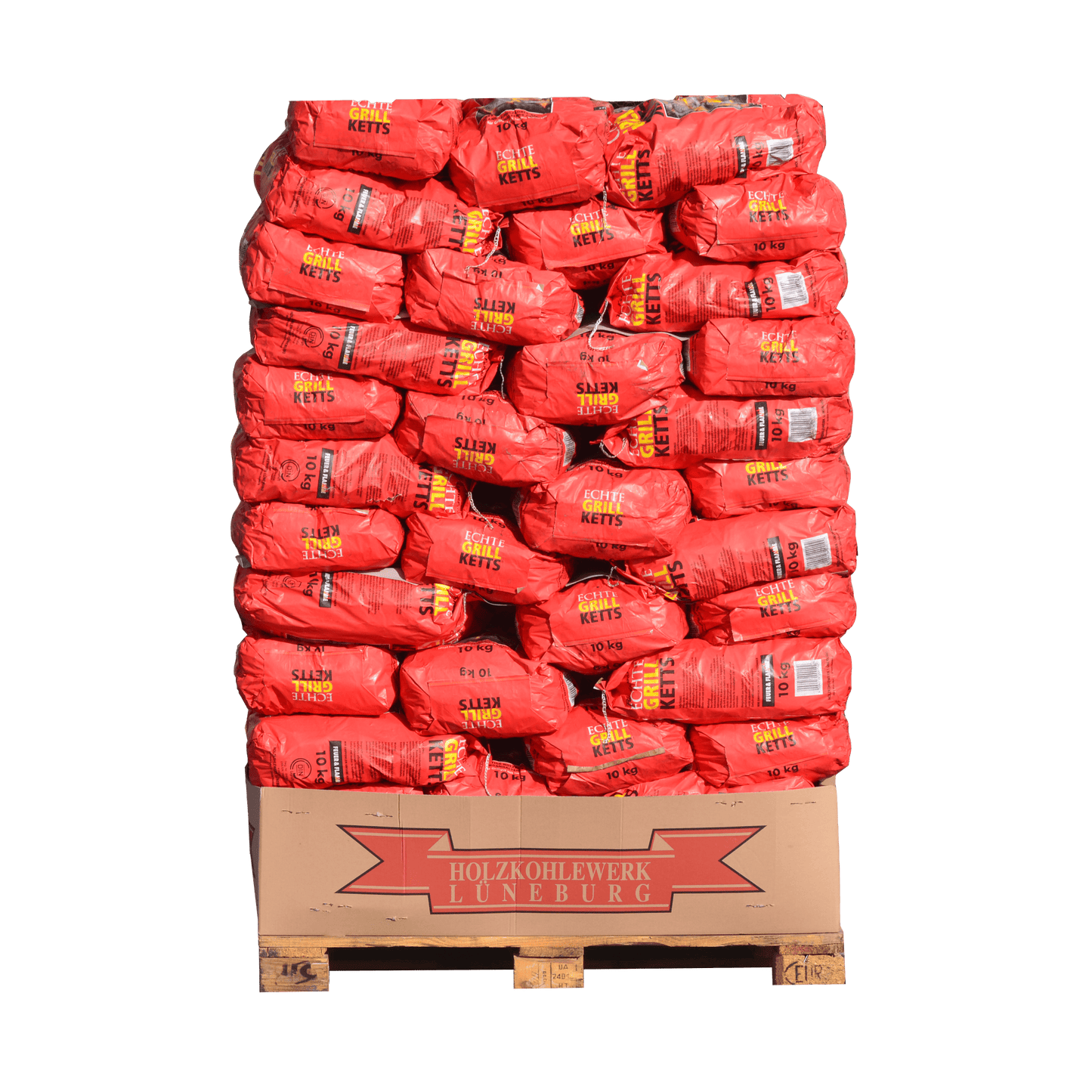 Holzkohle Palette 10 Kilogramm pro Packung für den Großhandel.