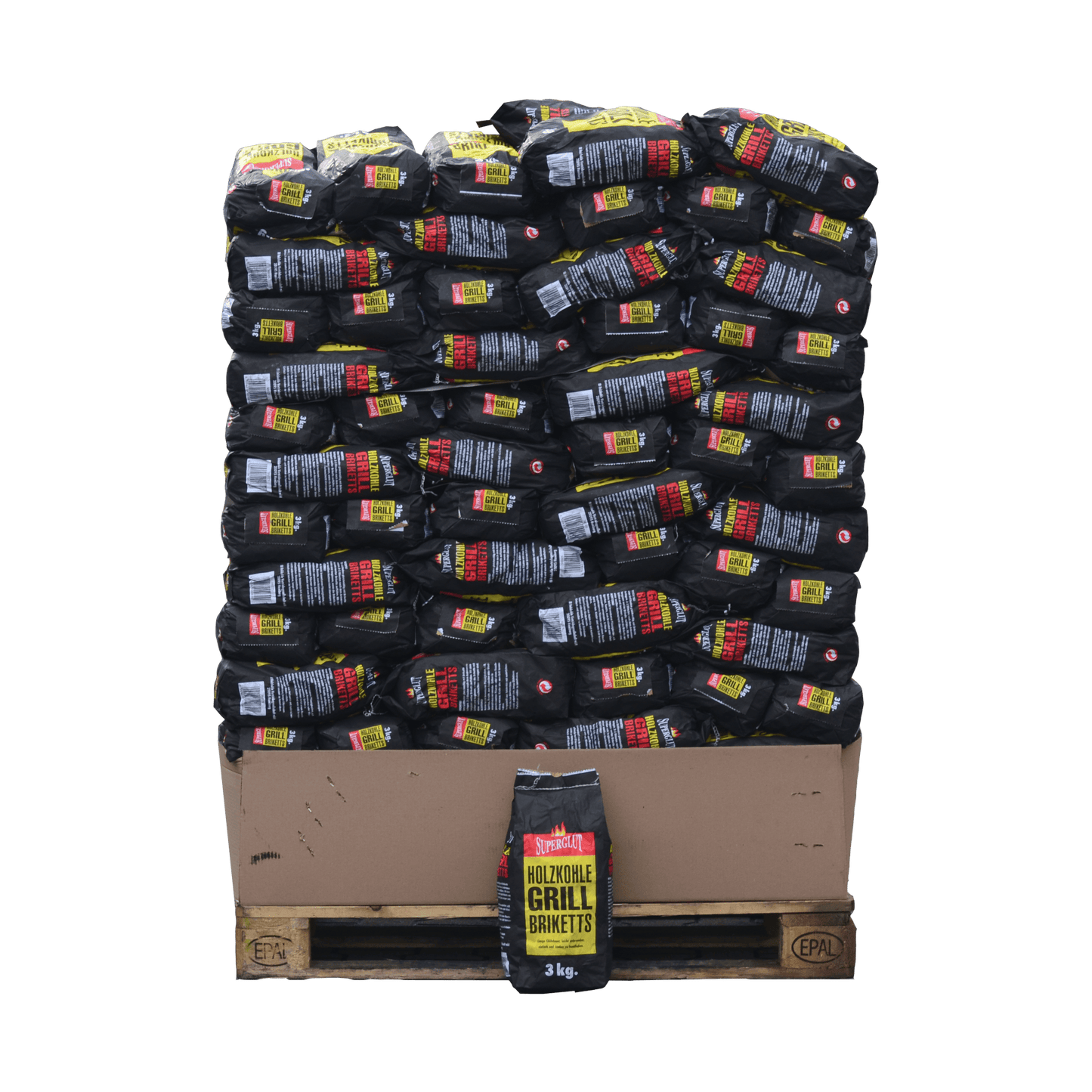 Holzkohlebriketts Palette 3 Kilogramm pro Packung für den Großhandel.