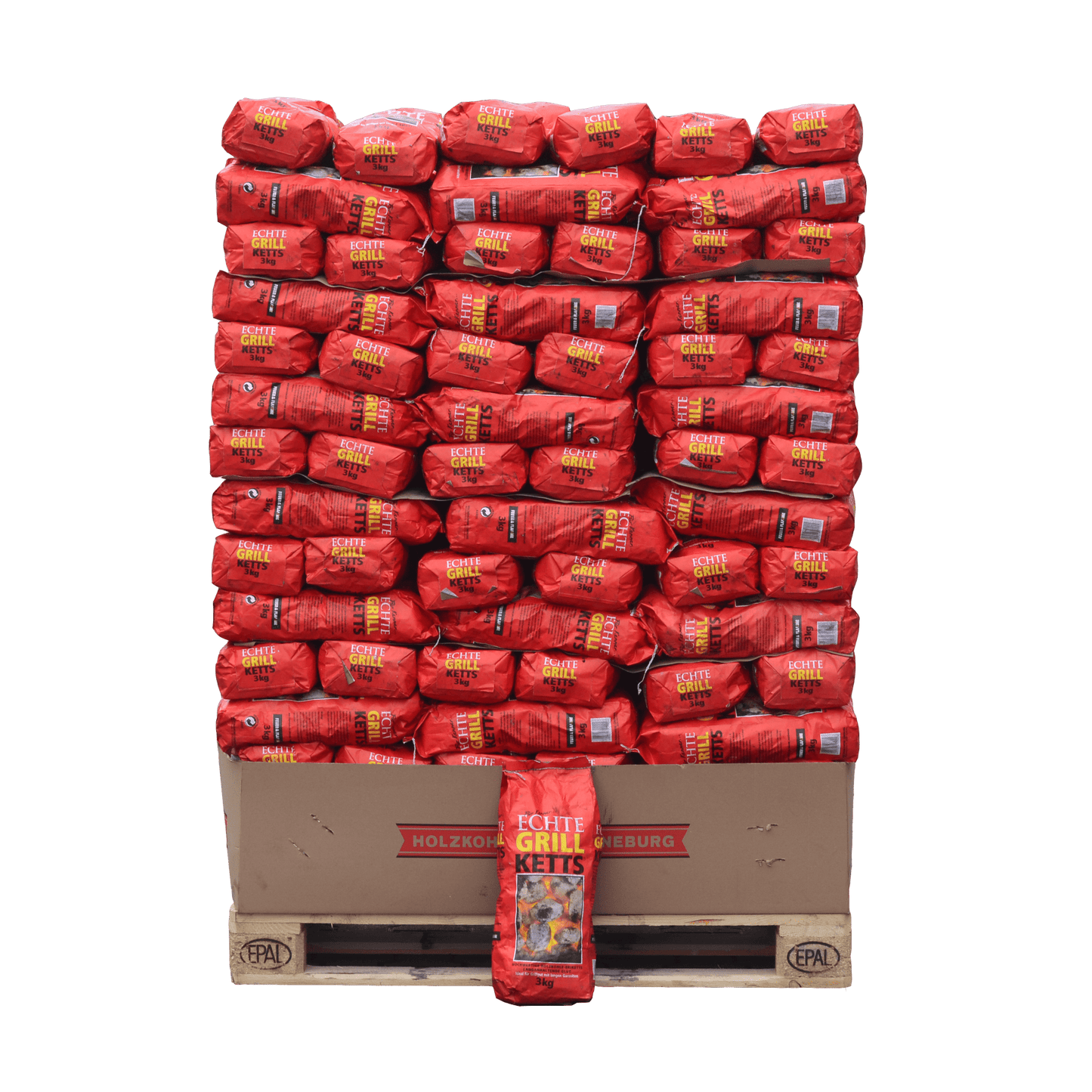 Holzkohlebriketts Palette 3 Kilogramm pro Packung für den Großhandel.