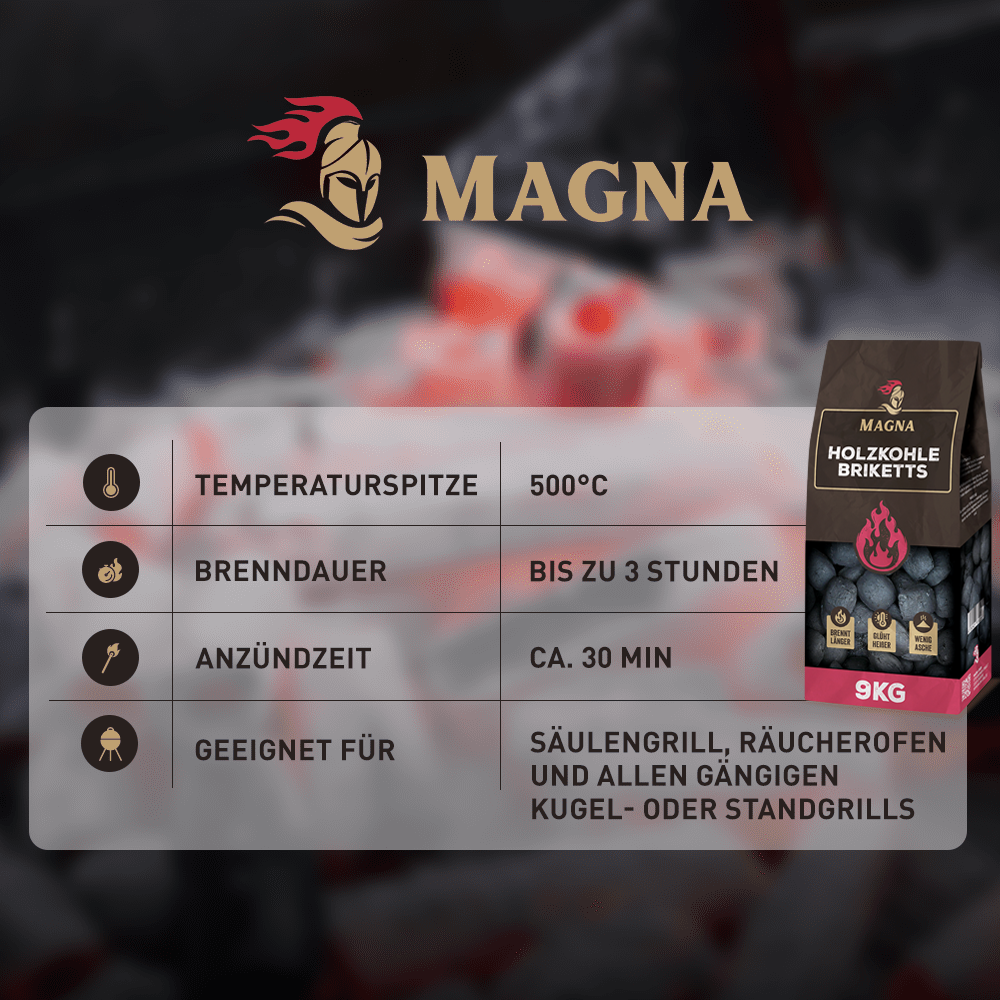 Magna Holzkohlebriketts – Holzkohlebriketts mit einer Spitzentemperatur von 500 °C, einer Brenndauer von bis zu 3 Stunden, einer Zündzeit von 30 Minuten, geeignet für Grills und Räucheröfen