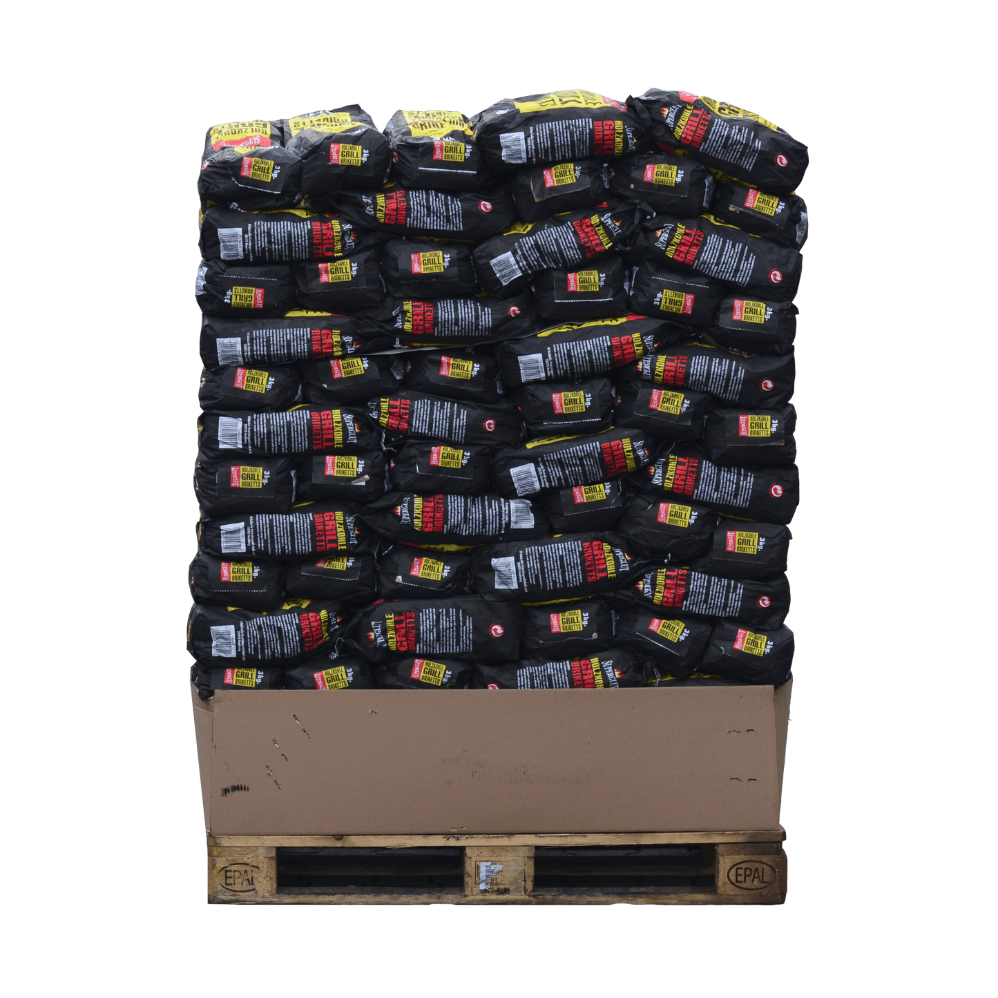 Holzkohlebriketts Palette 3 Kilogramm pro Packung für den Großhandel.