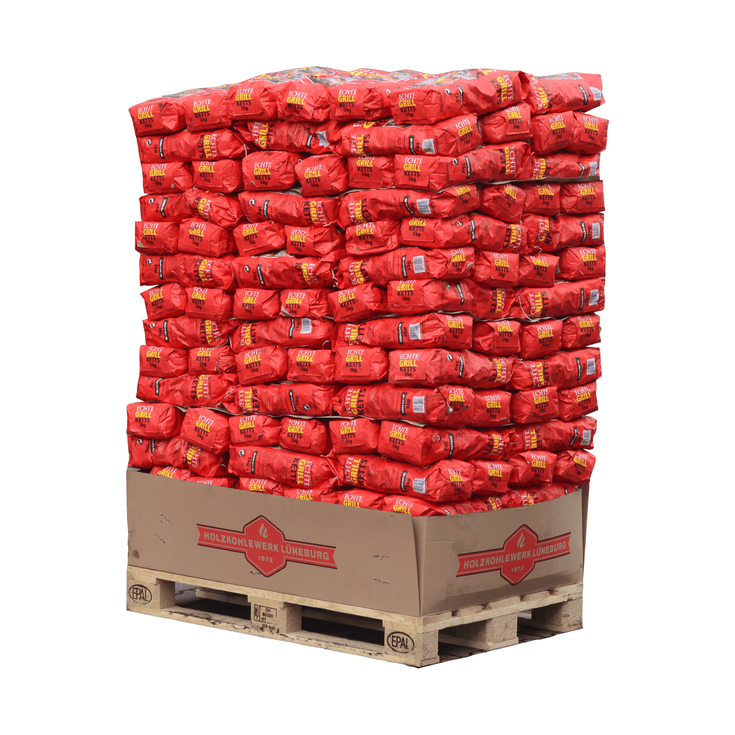 Holzkohlebriketts Palette 3 Kilogramm pro Packung für den Großhandel.