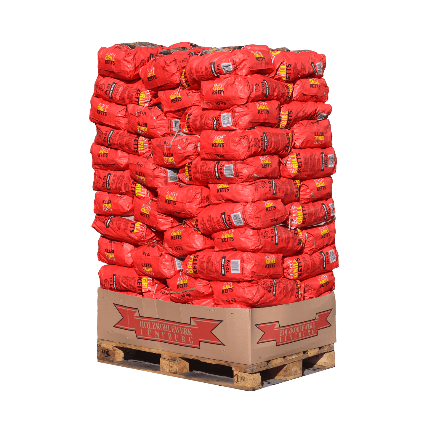 Holzkohle Palette 10 Kilogramm pro Packung für den Großhandel.