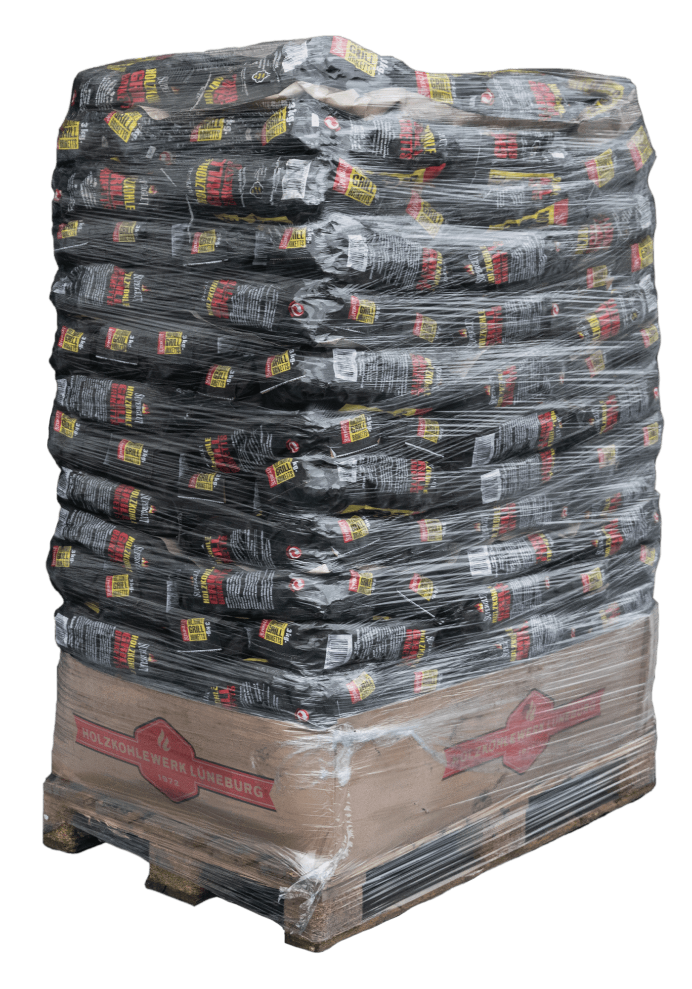Holzkohlebriketts Palette 3 Kilogramm pro Packung für den Großhandel.