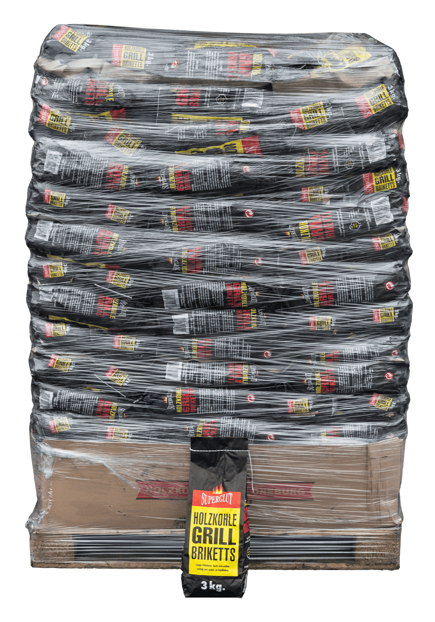 Holzkohlebriketts Palette 3 Kilogramm pro Packung für den Großhandel.