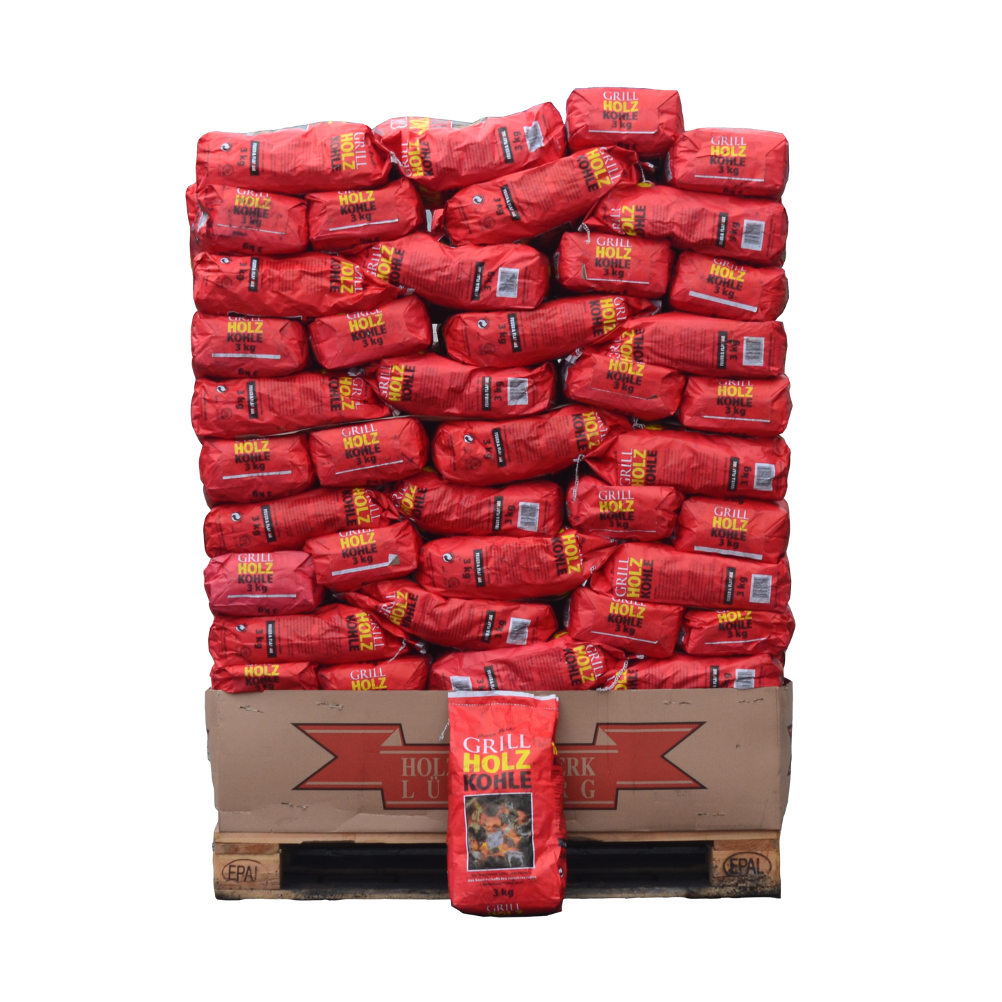 Holzkohle Palette 3 Kilogramm pro Packung für den Großhandel.