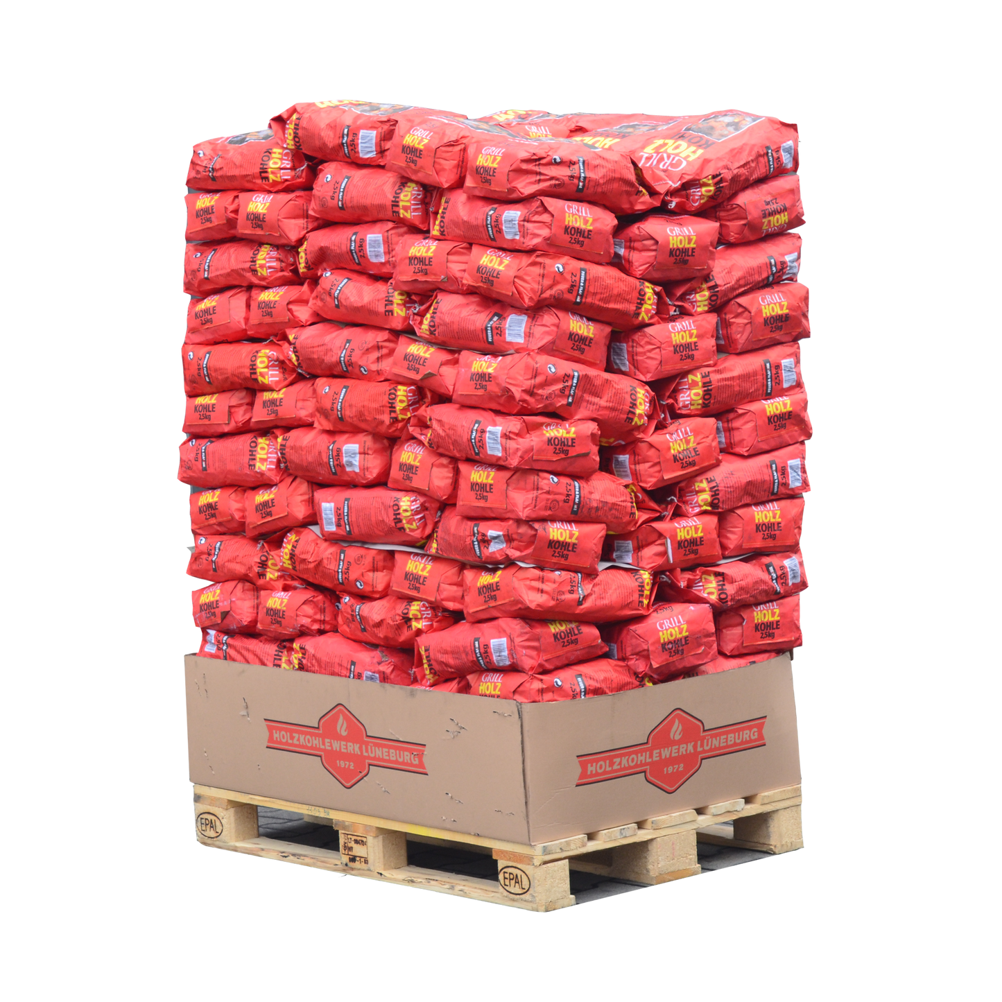 Holzkohle Palette 2,5 Kilogramm pro Packung für den Großhandel.